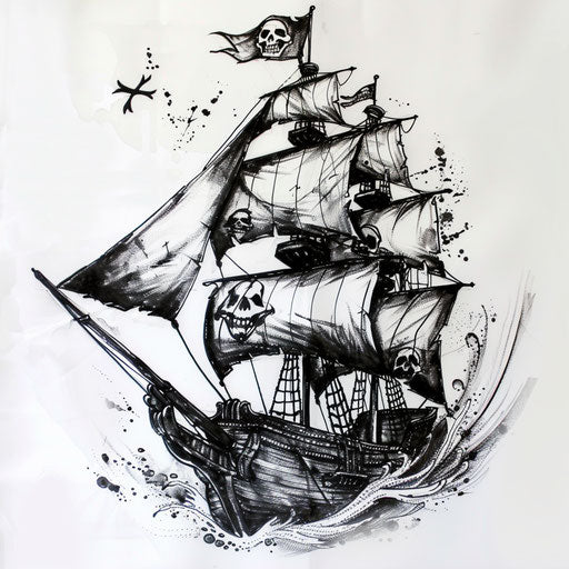 Bold graphic tattoo sketch of a pirate ship with black sails and skull flags