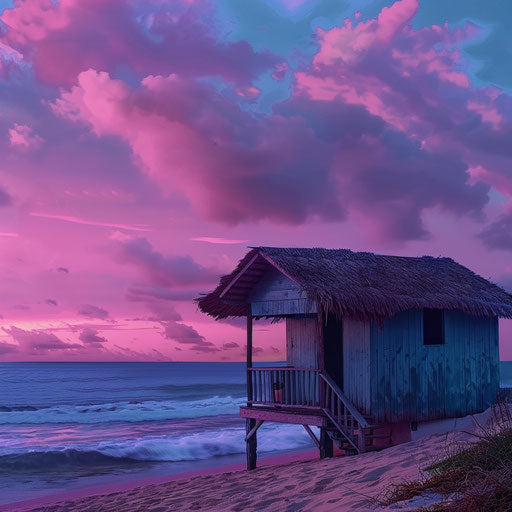 Beach cabana at dusk with pink and purple sky