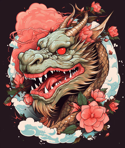 Dragon and roses, chinapunk style, tattoo-inspired, traditional poses