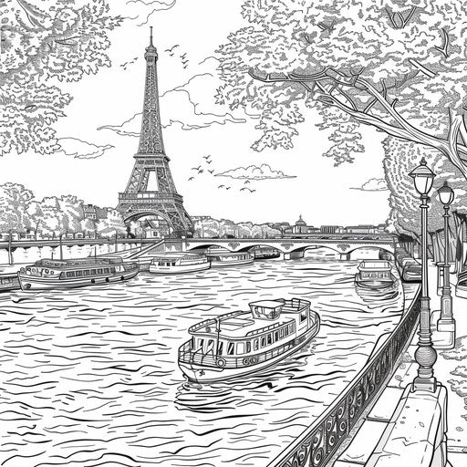View of the Eiffel Tower from the Seine River, with boats and detailed water textures.
