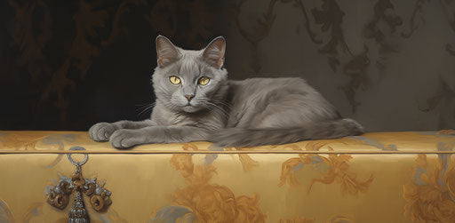 A cat in gray and amber, princecore style, capturing suburban ennui