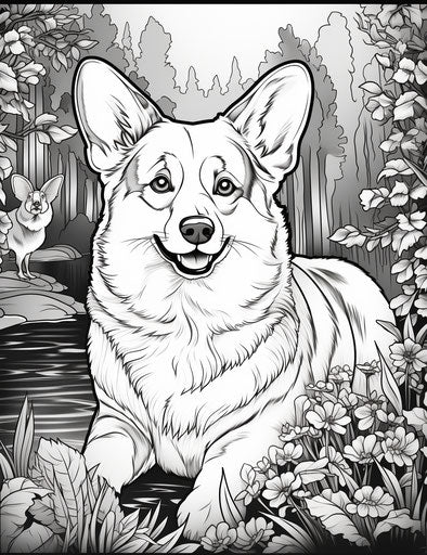 Corgi coloring pages in animated mosaic style