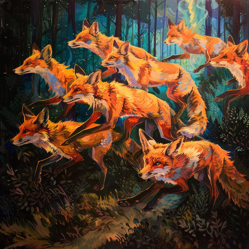 Foxes racing through the forest