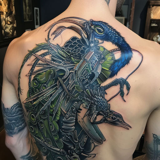 Biomechanical peacock tattoo, blending organic and mechanical elements, on white canvas