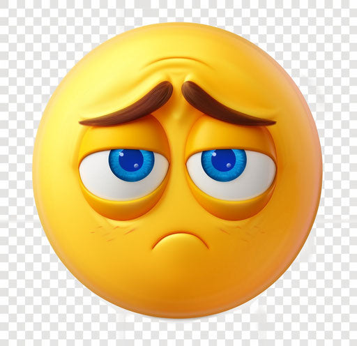 Sad emoji clipart, yellow circle with blue eyes and frown lines on transparent background