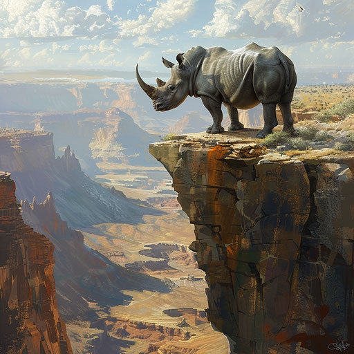 West African black rhinoceros overlooking vast valley