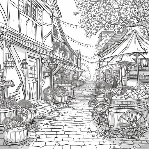 Quaint village street with autumn decorations and market stalls