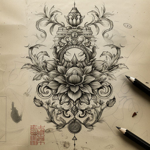 Elegant flat tattoo sketch of a wealth sigil with intricate floral and coin motifs