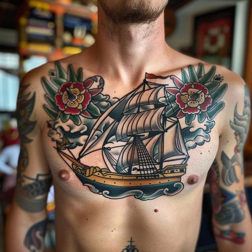 Men's chest tattoo with classic nautical themes