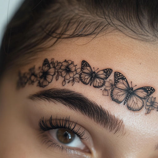 Brow tattoo surrounded by delicate butterflies and floral elements