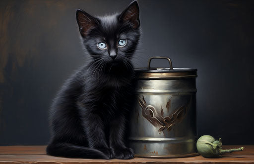 Black kitten on tin can, wiccan style, cute