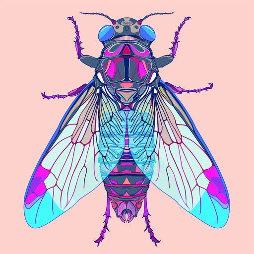 Electric tattoo sketch of a cicada with shocking pinks and electric blues