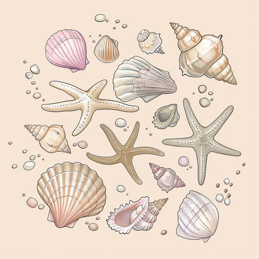 Seashell beach in beige and pink tones, clipart style