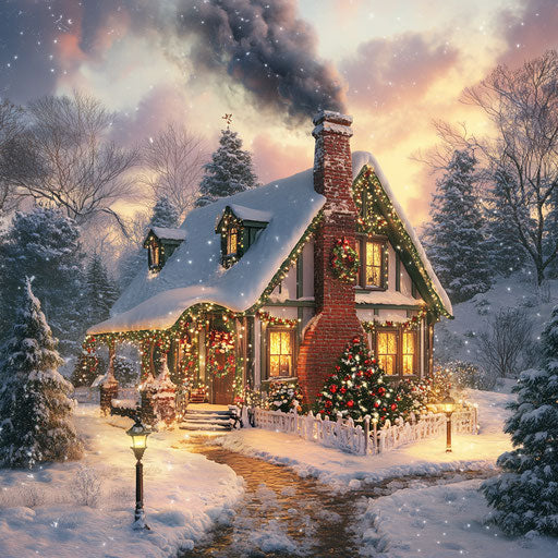 Warm cottage in snow with festive lights