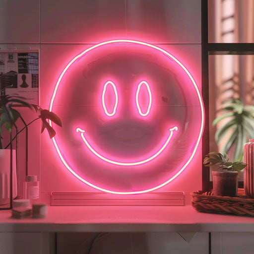 Pink neon sign of a smiling emoji, casting an enchanting glow