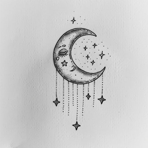 Delicate crescent moon with falling stars in contemporary fine line tattoo on white