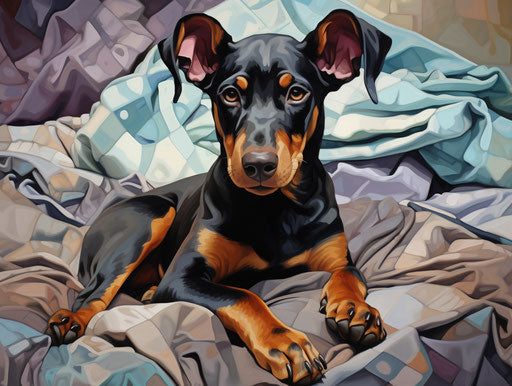 The sleeping doberman puppy on the bed, in light maroon and dark aquamarine style, piles/stacks, mommy's on-the-phonecore, raw and unpolished, pendleton ward, made of all of the above, full of movement 4:3