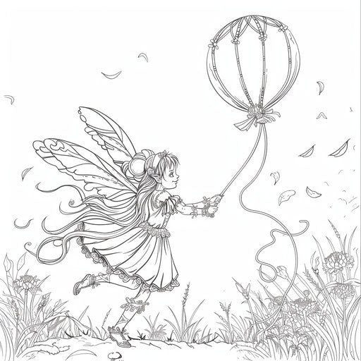 Fairy with balloon flying over meadow
