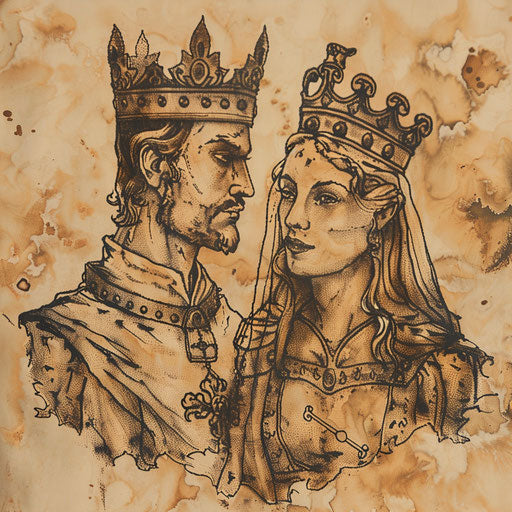Rustic tattoo sketch of medieval king and queen in traditional attire, earth tones, clipart style