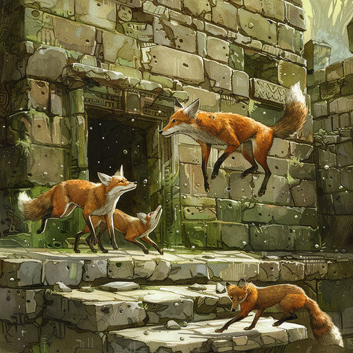 Playful foxes among ancient ruins