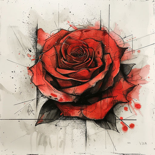 Eclectic tattoo sketch of a red rose with textured effects