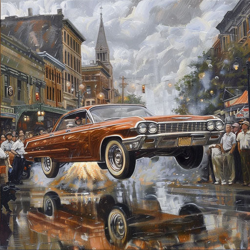 Skyway classics lowrider with hydraulic suspension bouncing down a historic street, spectators watching in awe