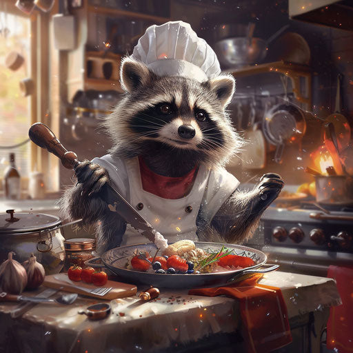 A raccoon chef cooks gourmet dishes