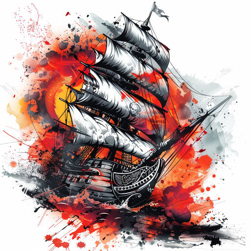 Dynamic tattoo sketch of pirate ship in battle