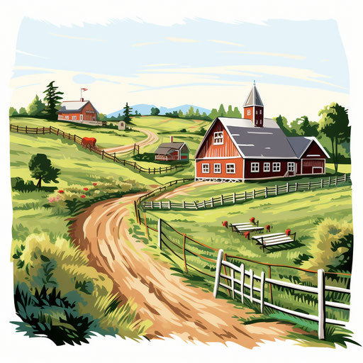 Farm illustration in the style of Impressionistic Art, on white background