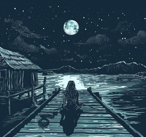 Girl on night fishing pier