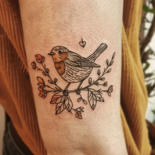 Flat rustic tattoo sketch of a robin in a traditional folk art style with simple shapes