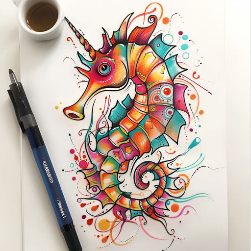 Cartoonish seahorse tattoo sketch in bright primary colors