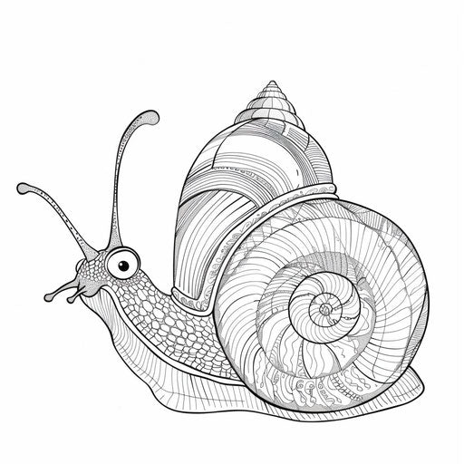 A smiling snail with a spiral shell. Coloring book page