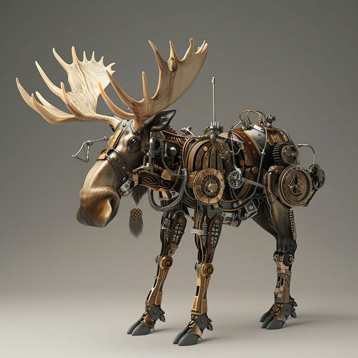 A steampunk moose with mechanical enhancements