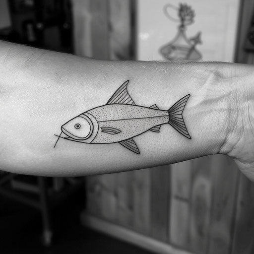 Minimalist fish tattoo, in the style of David Palumbo