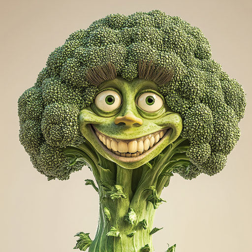 Humorous caricature of a broccoli illustration with human characteristics, exaggerated thick eyelashes, fingers hands, detailed textures, vibrant colors, cartoon style, smiling, high resolution, no background, isolated