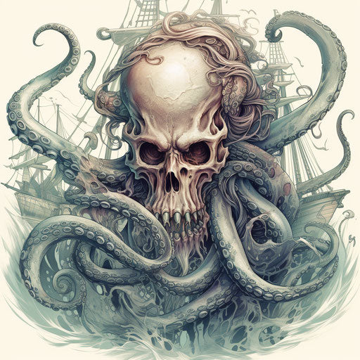Octopus with skull and ship, distorted proportions style