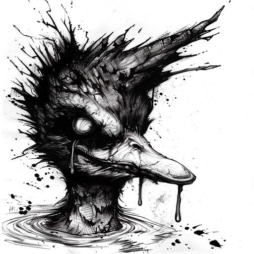 Spooky duck tattoo in black and grey on white background