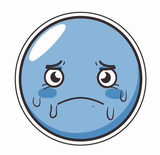 Minimalistic sad face emoji in blue with tears