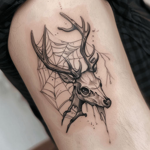 Horror deer skull tattoo with spooky elements