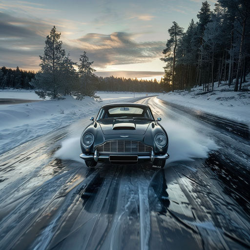 Sports car with spiked tires on frozen lake in Scandinavia