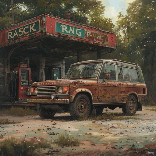 Vintage vehicle with patina finish at vintage gas station