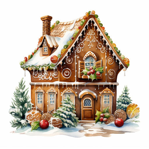 Gingerbread house, oil painting style, white background