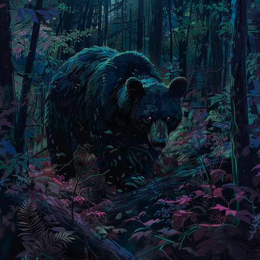 Black bear walking in a dense forest
