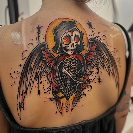 Whimsical tattoo sketch of the angel of death
