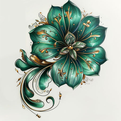 Lush tattoo sketch of a clover in rich emerald tones with golden highlights
