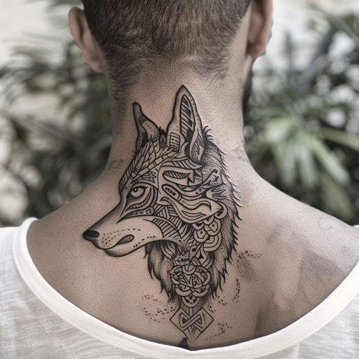 Tribal wolf tattoo on the back neck