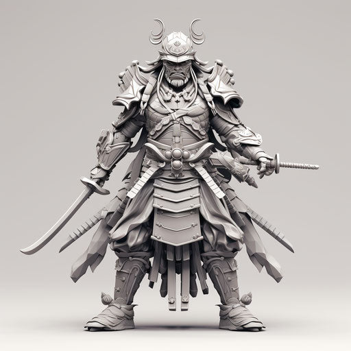 The cartoon character: samurai with two swords on grey background
