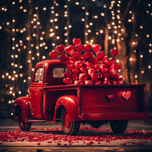 Vintage red truck overflowing with heart-shaped balloons and roses