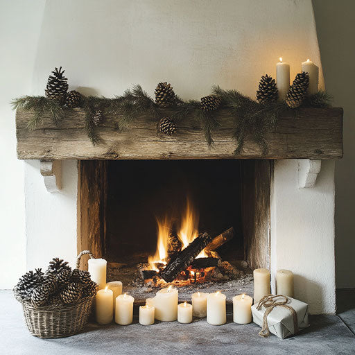 Rustic fireplace adorned with pine cones and candles